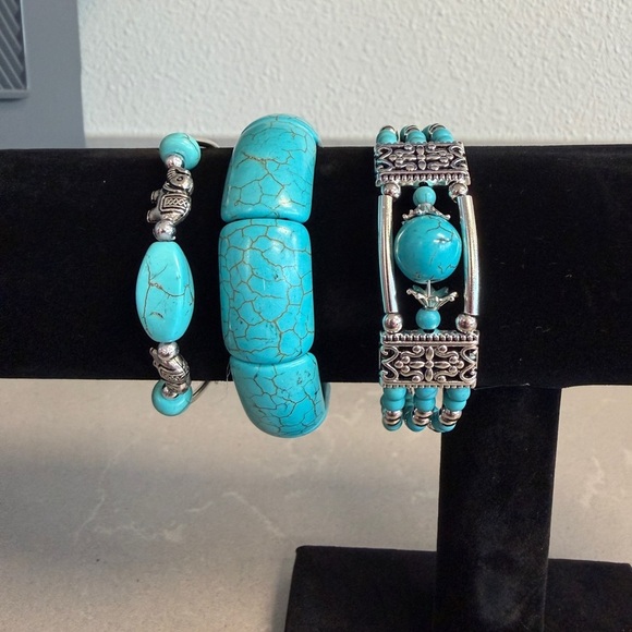 Jewelry - Boho Turquoise Bracelet Set – Chunky Beads & Silver Tone (3-Piece)
